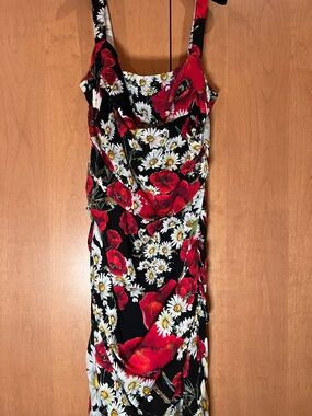 Dolce & Gabbana Black Red and White Silk Floral Midi Dress